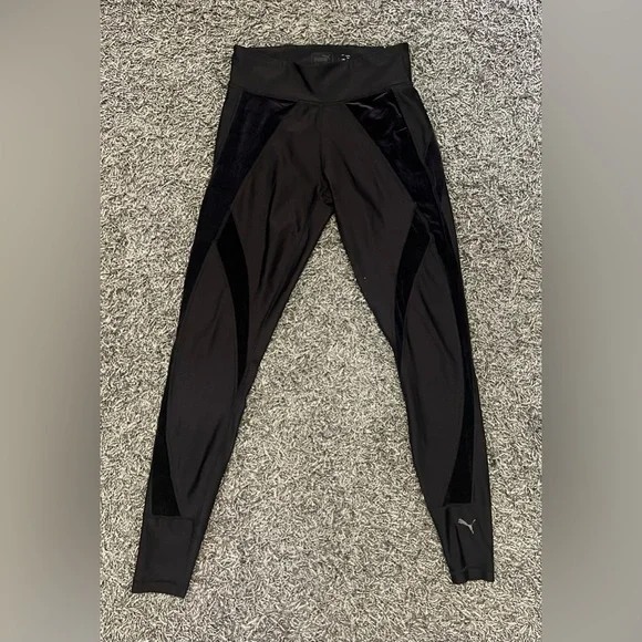 Puma “Explosive Tights” | Black Leggings w/ Velvet Side Accents | Size Medium - Picture 6 of 10